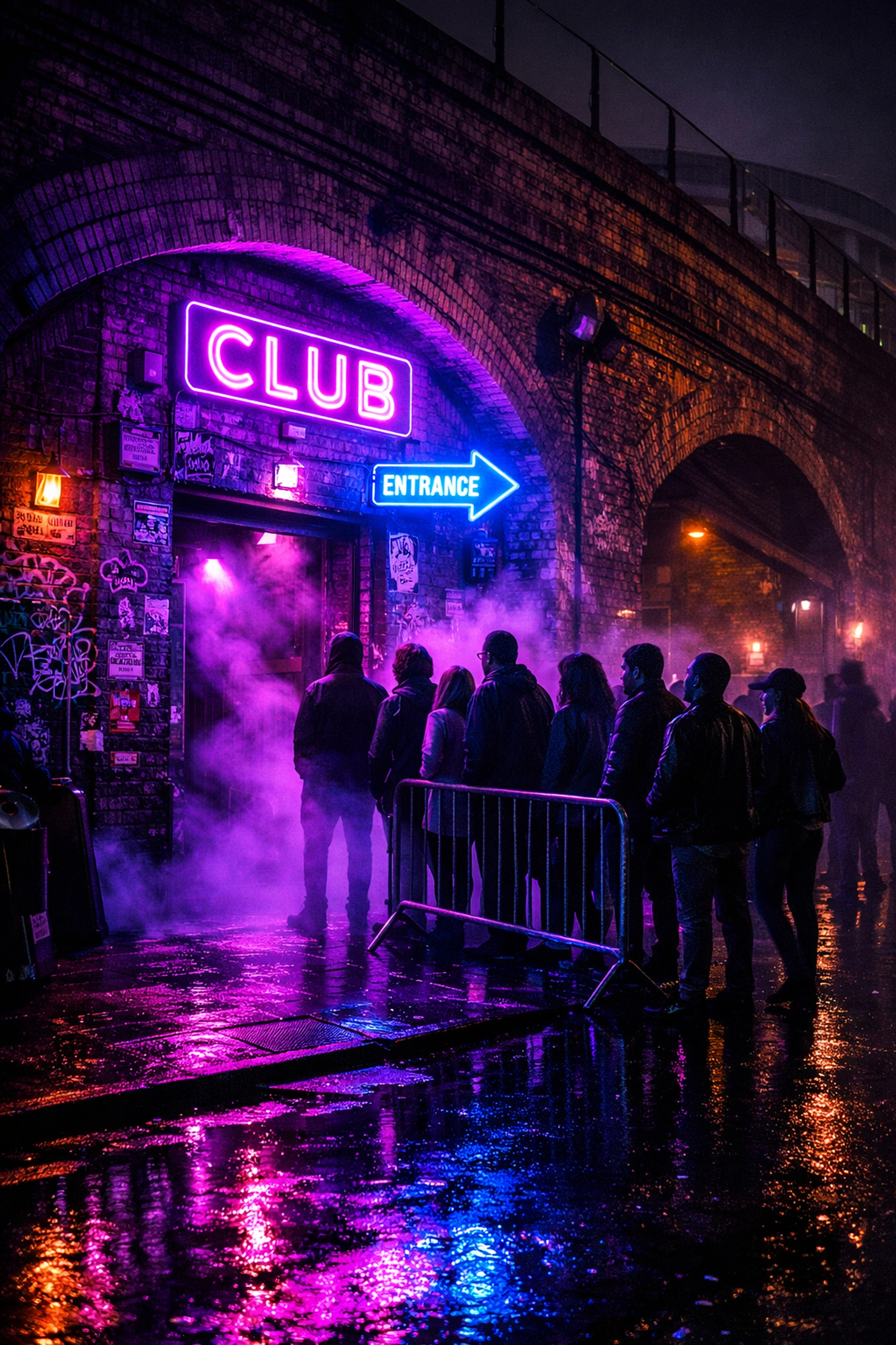 London underground club entrance with neon lights and queue at night in Shoreditch