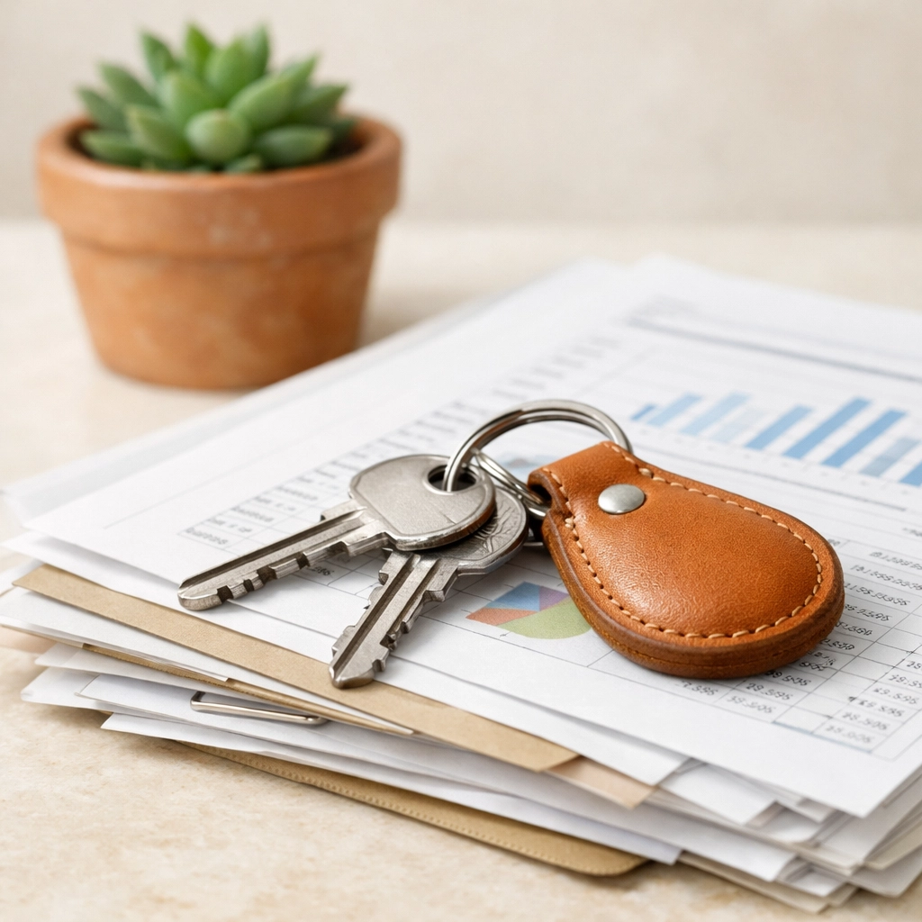 House keys on financial spreadsheets illustrating asset division and property rights in a military divorce.