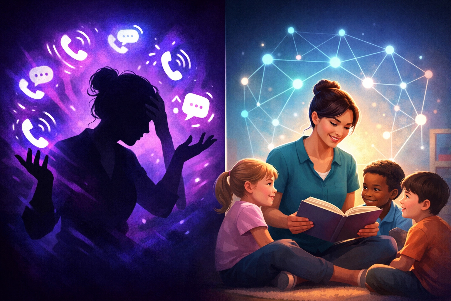 Daycare teacher managing phone calls with AI receptionist vs focusing on reading to children