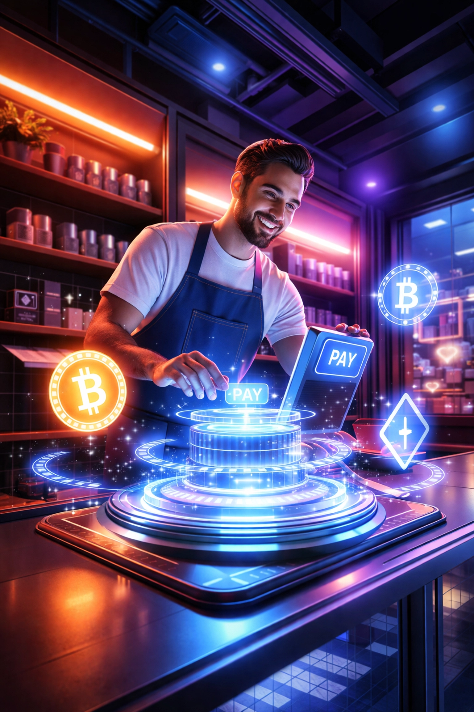 Small business owner benefits from crypto POS and Web3 payments in a modern retail setting