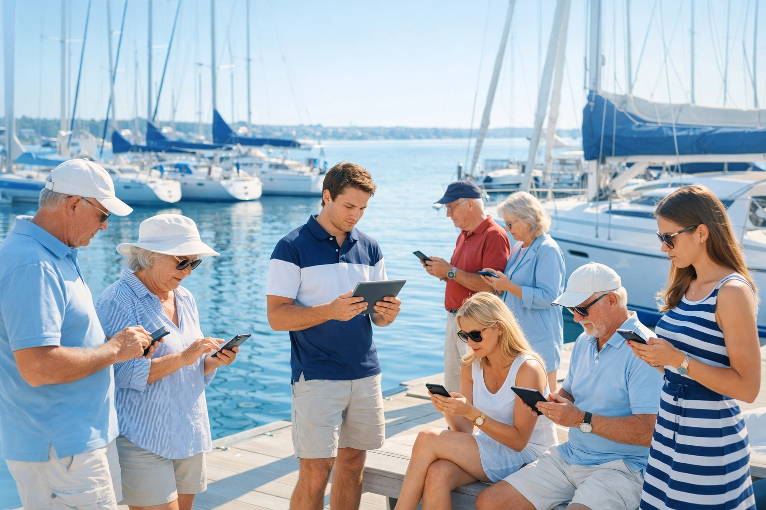 Yacht club members using mobile devices on dock with sailboats