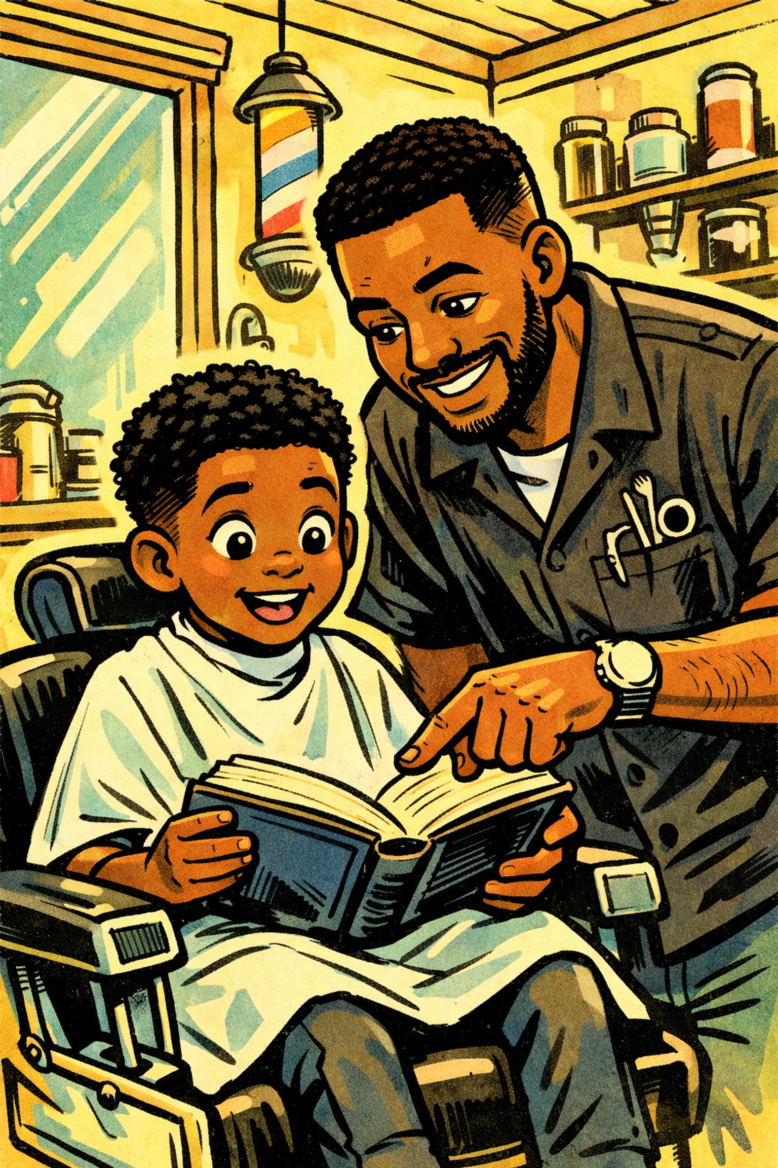 Young boy reading in St. Pete barbershop with caring barber mentor building vocabulary skills