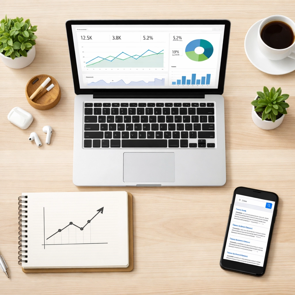 SEO analytics and search ranking data on laptop demonstrating website optimization results