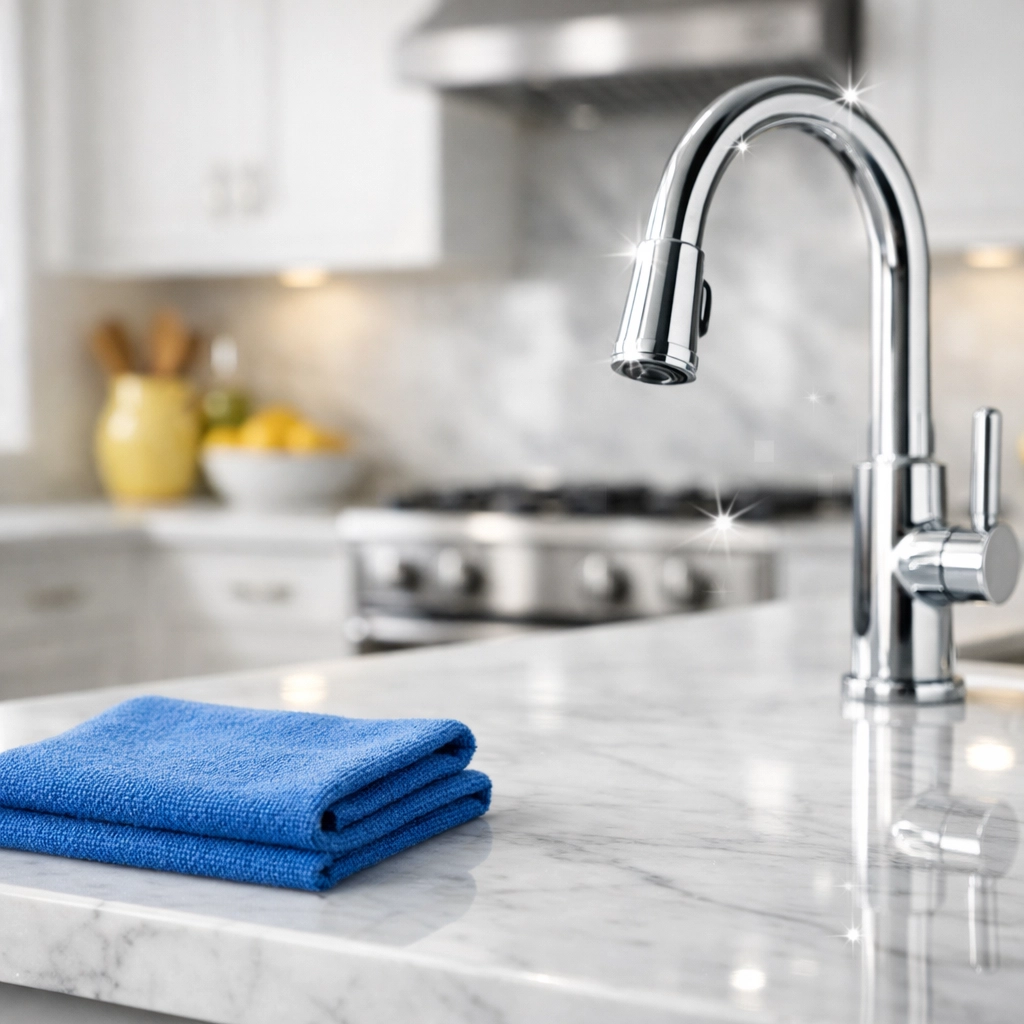 Gleaming marble kitchen countertop and faucet after a professional move-out cleaning in Cambridge.
