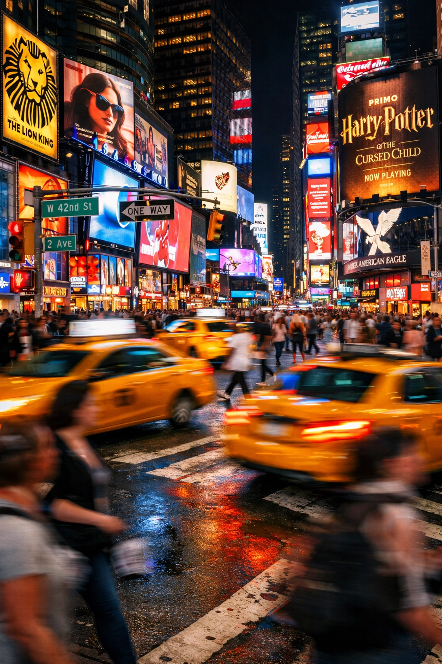 Iconic yellow taxis and bright neon lights in Times Square, a vibrant New York City photography location.