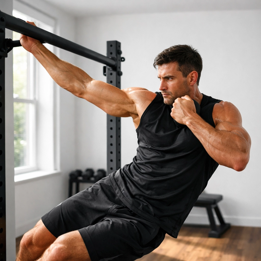 Athlete performing archer pull-up in home gym for advanced resistance training