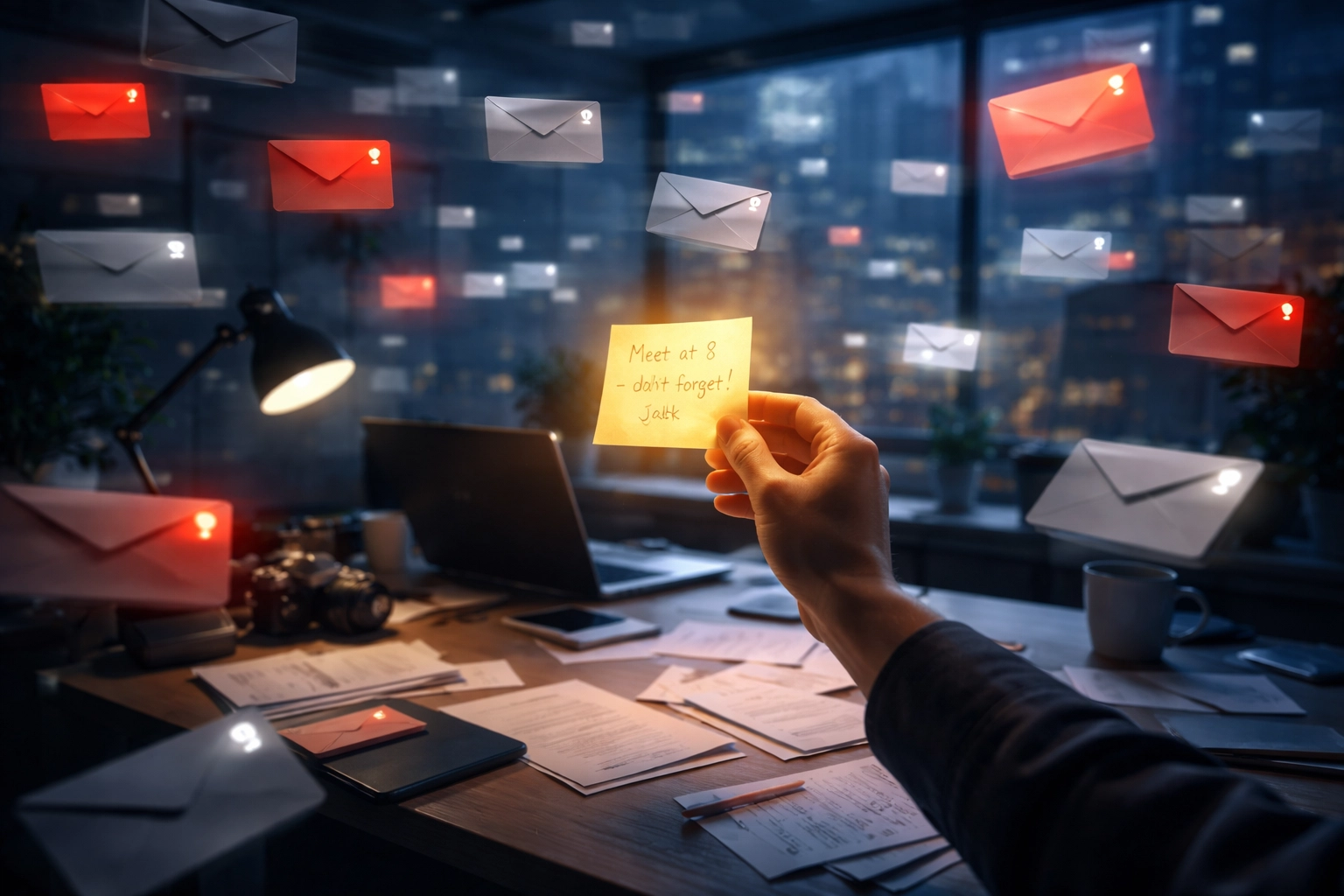 Bureau de journaliste moderne submergé par des emails numériques, mettant en valeur la force du lien humain dans les relations presse à l'ère de l'IA.
