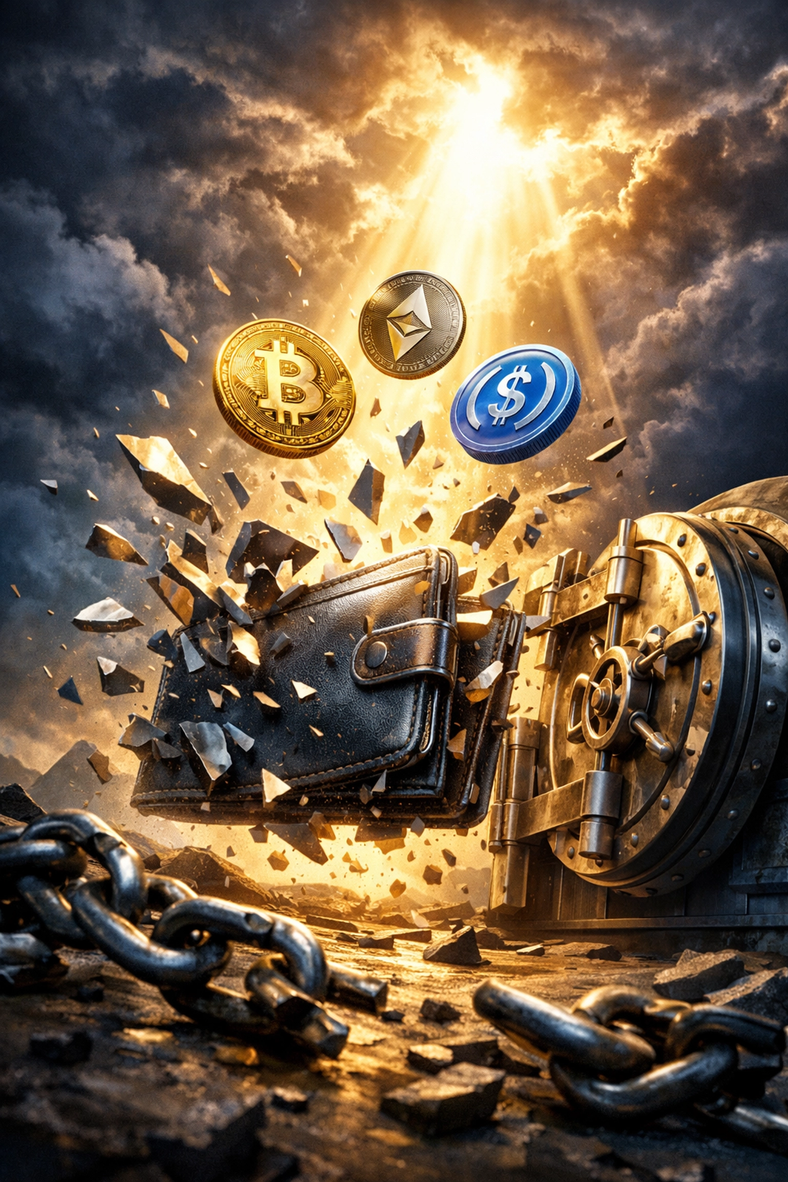 Self-custody crypto wallet breaking free from custodial control with Bitcoin and Ethereum coins