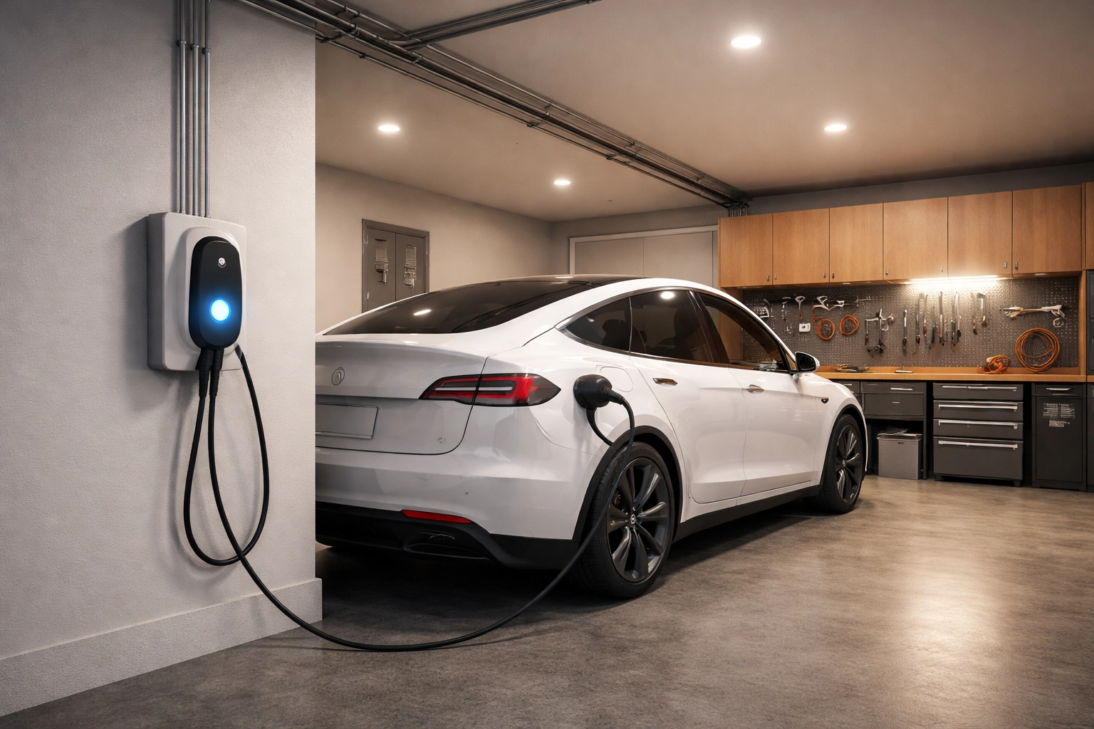 Electric vehicle charging in a tidy Edmonton garage featuring a wall-mounted Level 2 EV charger and updated subpanel