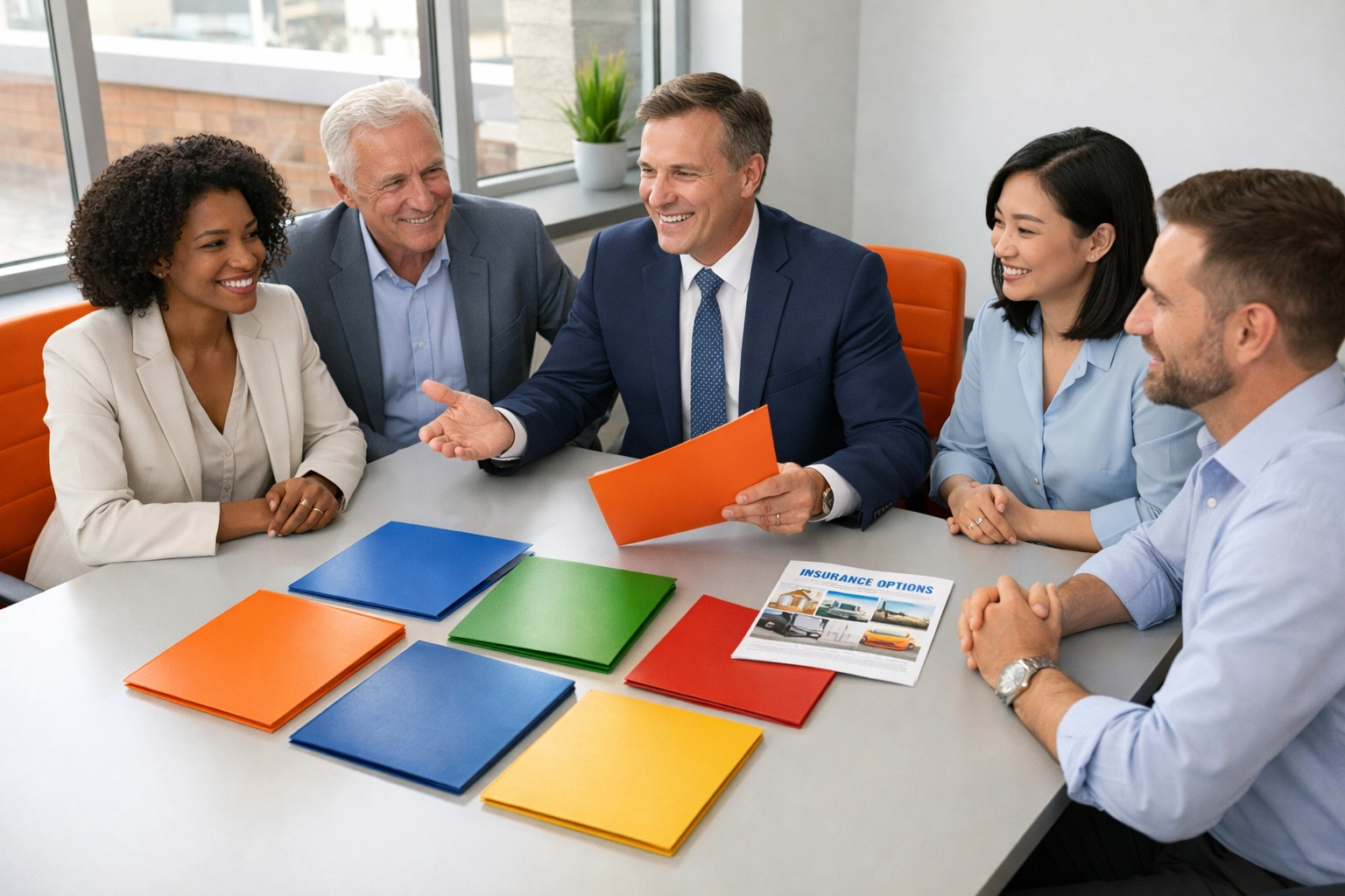 Independent insurance agent presenting multiple carrier options to business professionals