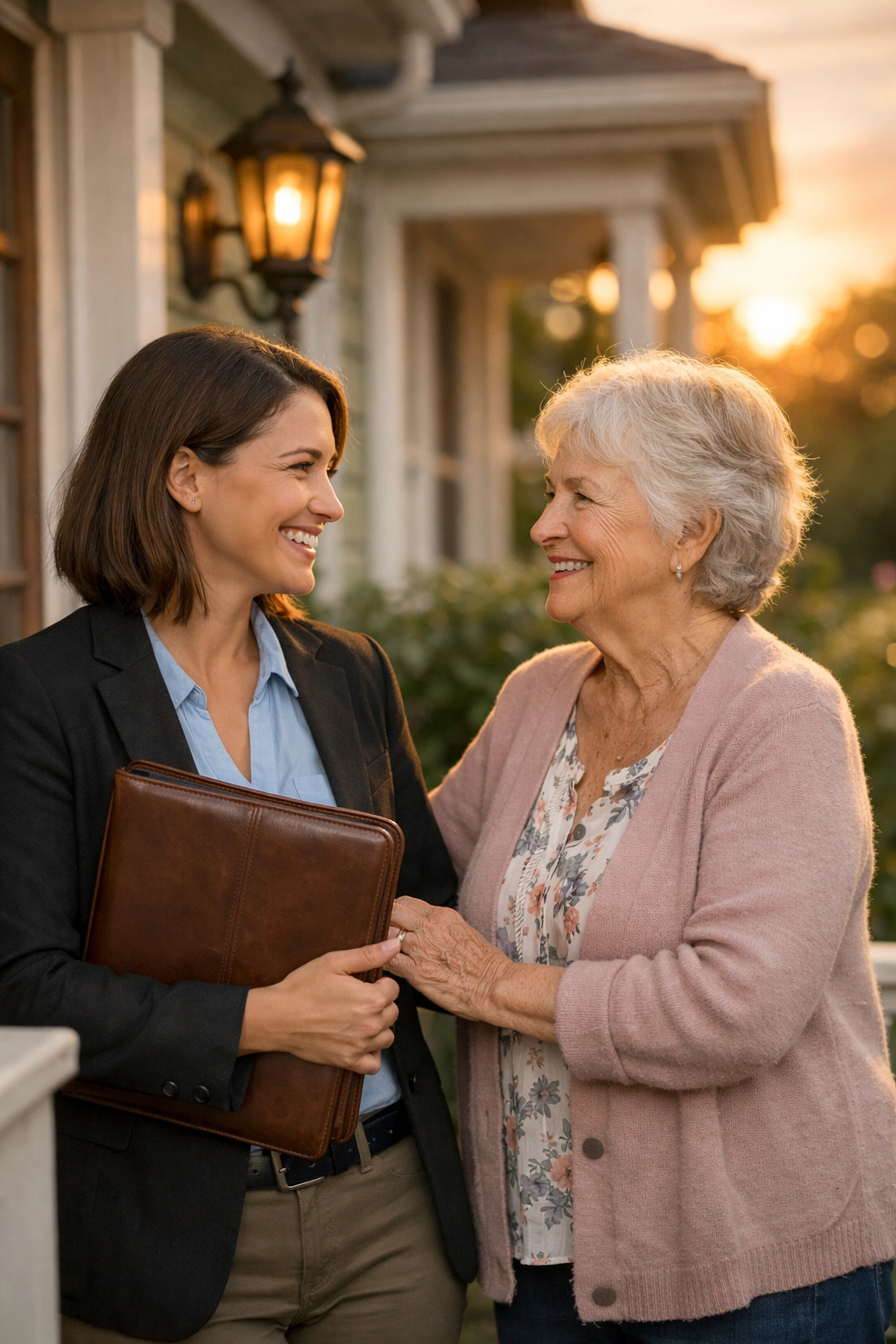 A woman negotiating a seller financing deal with a homeowner on a suburban porch.