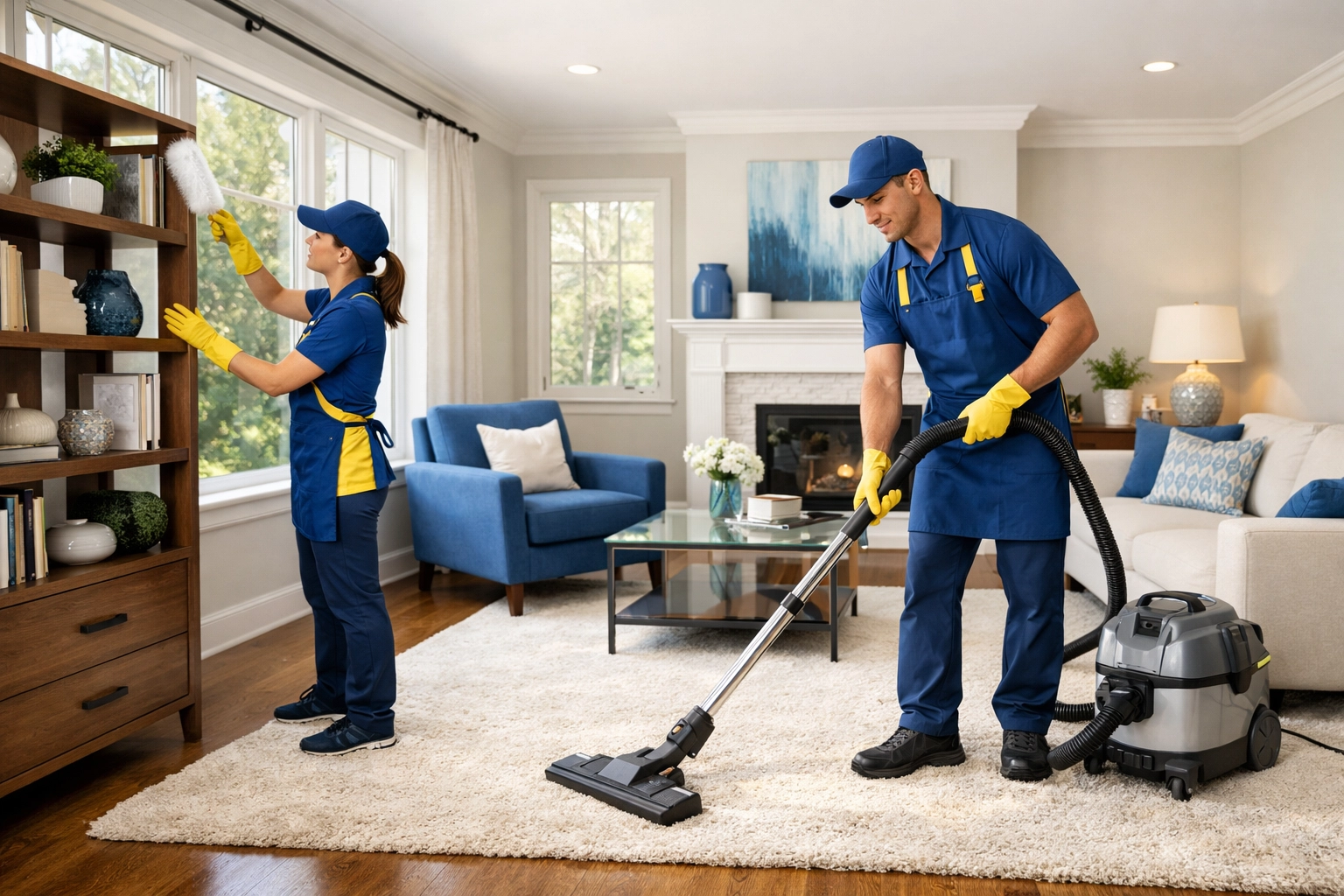Professional cleaners performing house cleaning Shirley MA in a bright, modern living room with blue accents.
