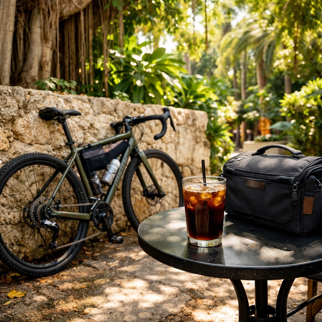 Lifestyle photography scene in Coconut Grove featuring a camera bag and coffee in a tropical setting.