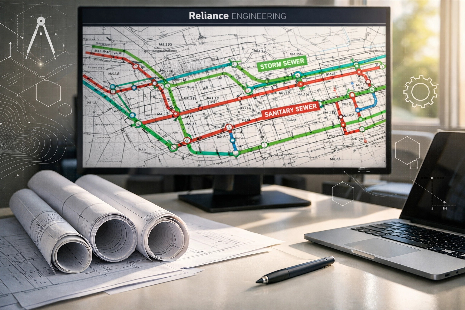 Close-up of a professional engineering station in Ontario displaying a detailed site servicing plan.