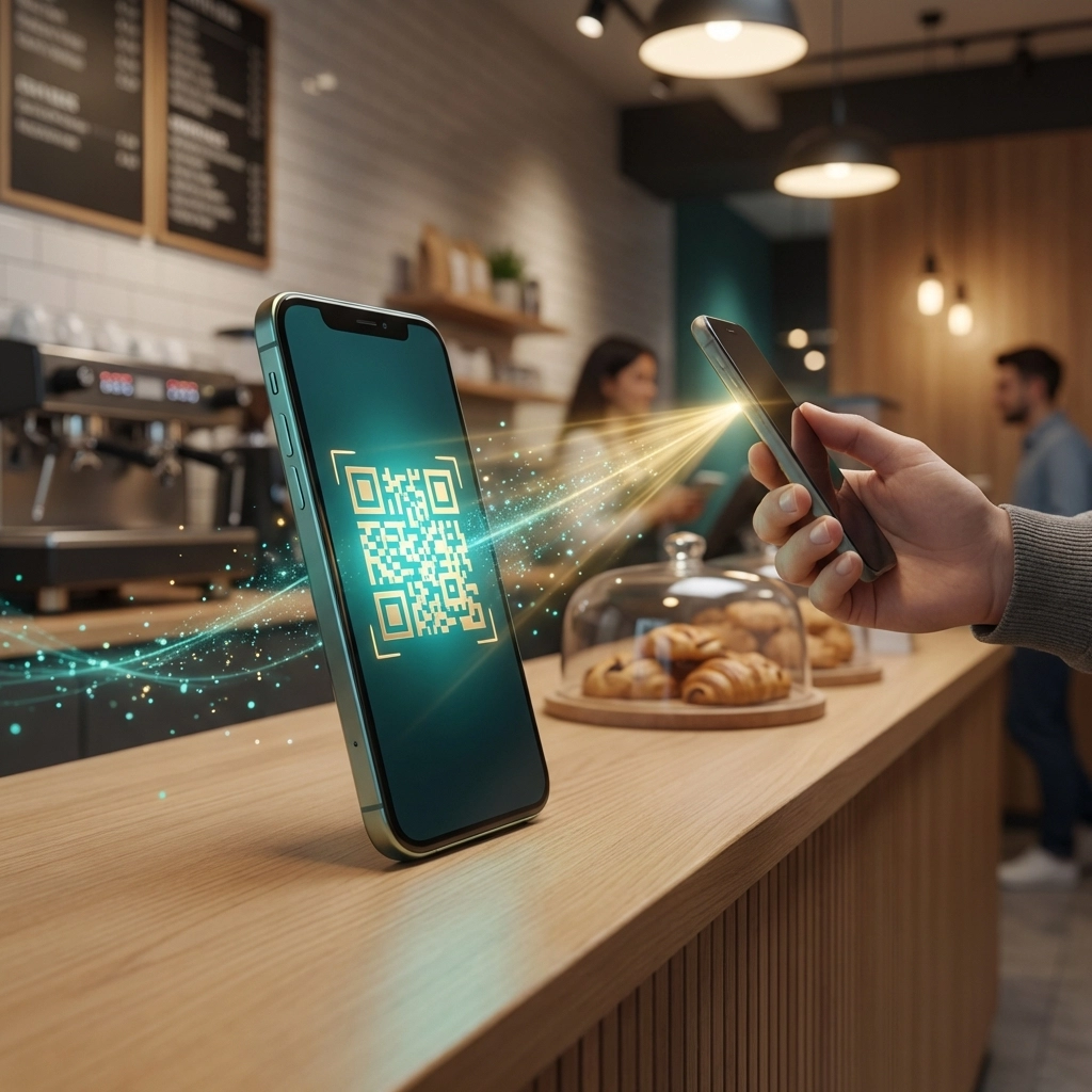 Customer scans QR code with smartphone for seamless Larecoin crypto POS payment at a cafe counter