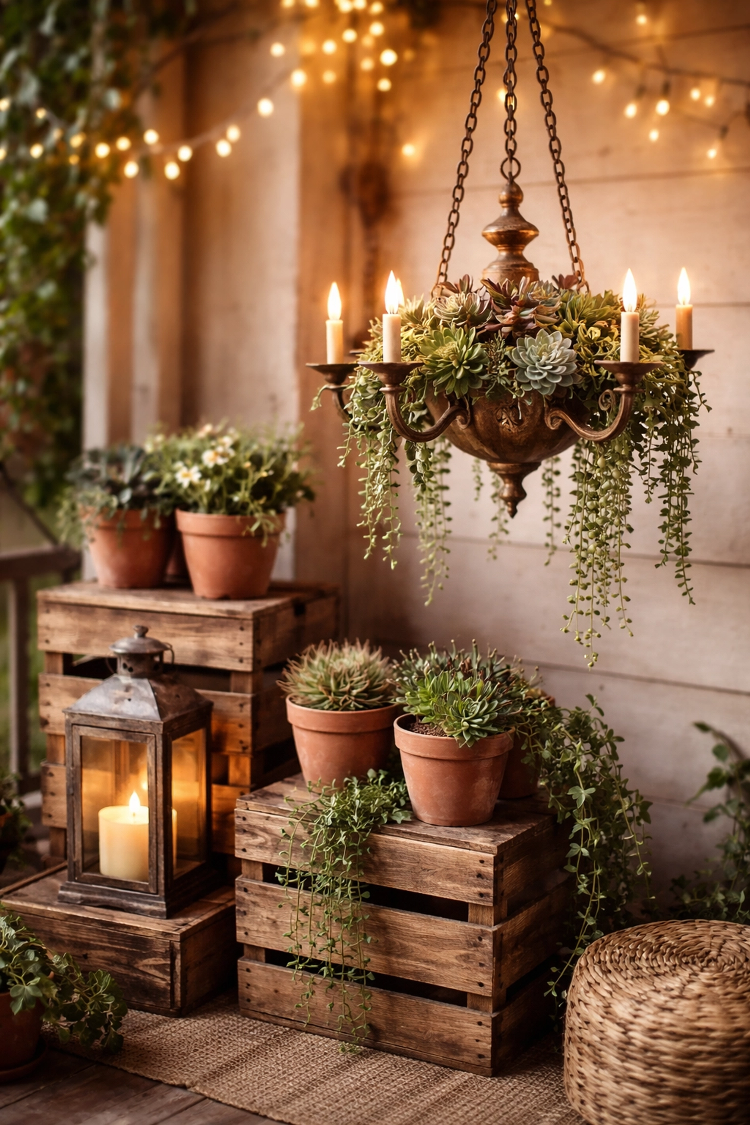 Patio scene with upcycled chandelier planter, vintage crates with pots, and lantern, highlighting artisan decor for outdoor spaces