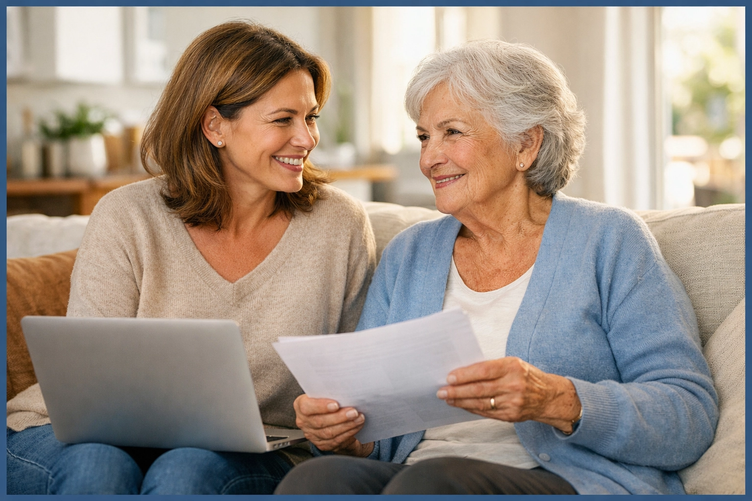 Adult daughter and aging mother discussing senior housing options and backup plans together Adult daughter and aging mother discussing senior housing options and backup plans together