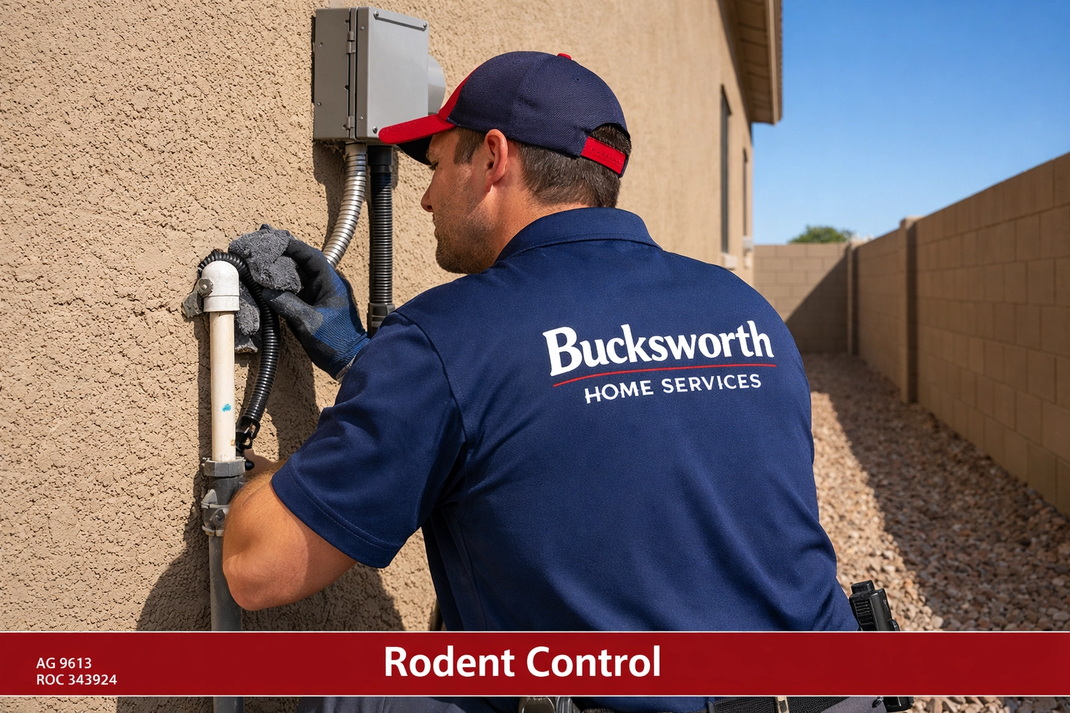 Bucksworth technician performing a rodent exclusion inspection on an Avondale home exterior.