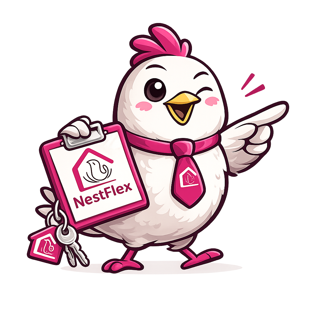 Cheerful cartoon bird mascot with NestFlex branding