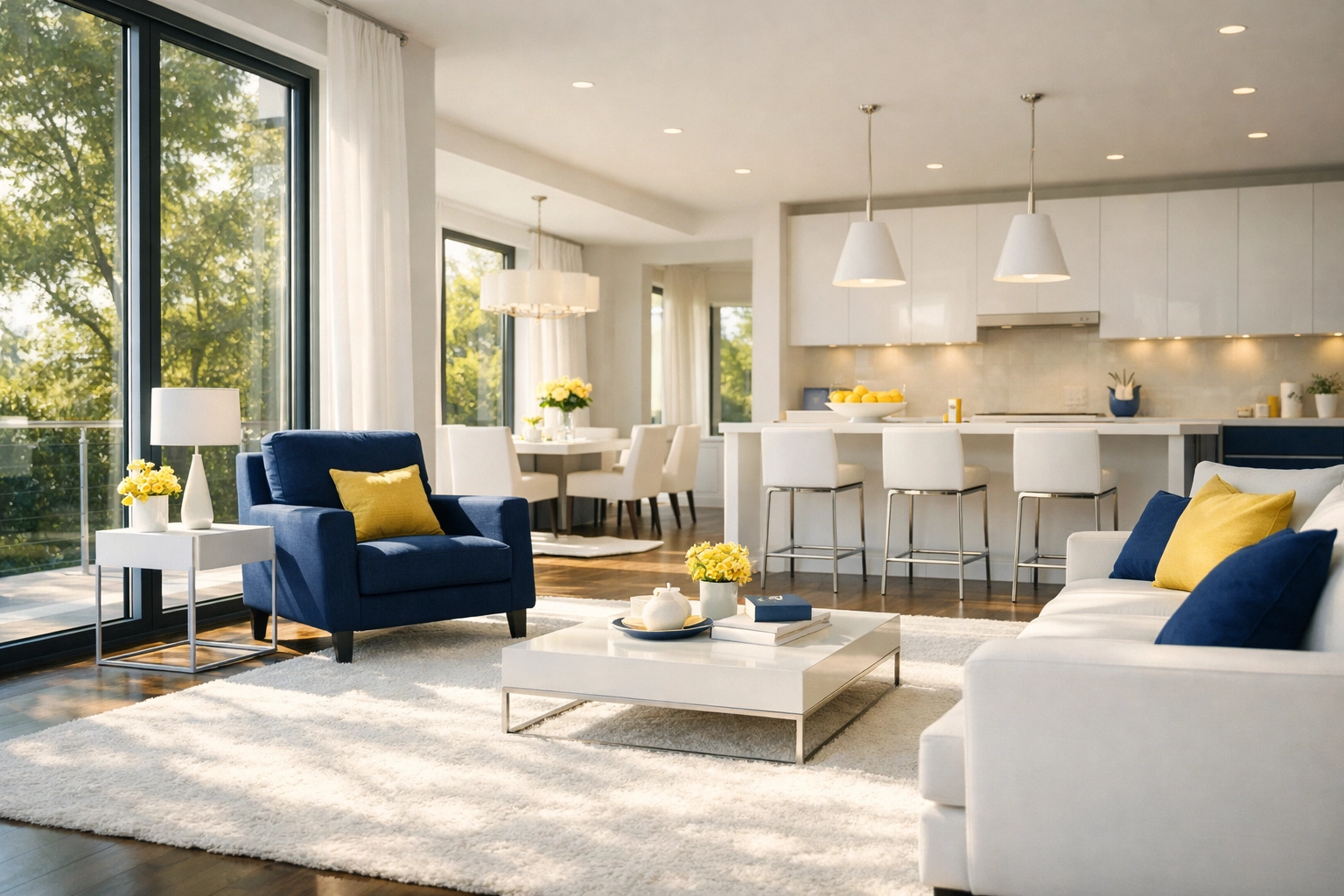 A sunlit, peaceful open-concept home interior designed for mental wellness and recharging.