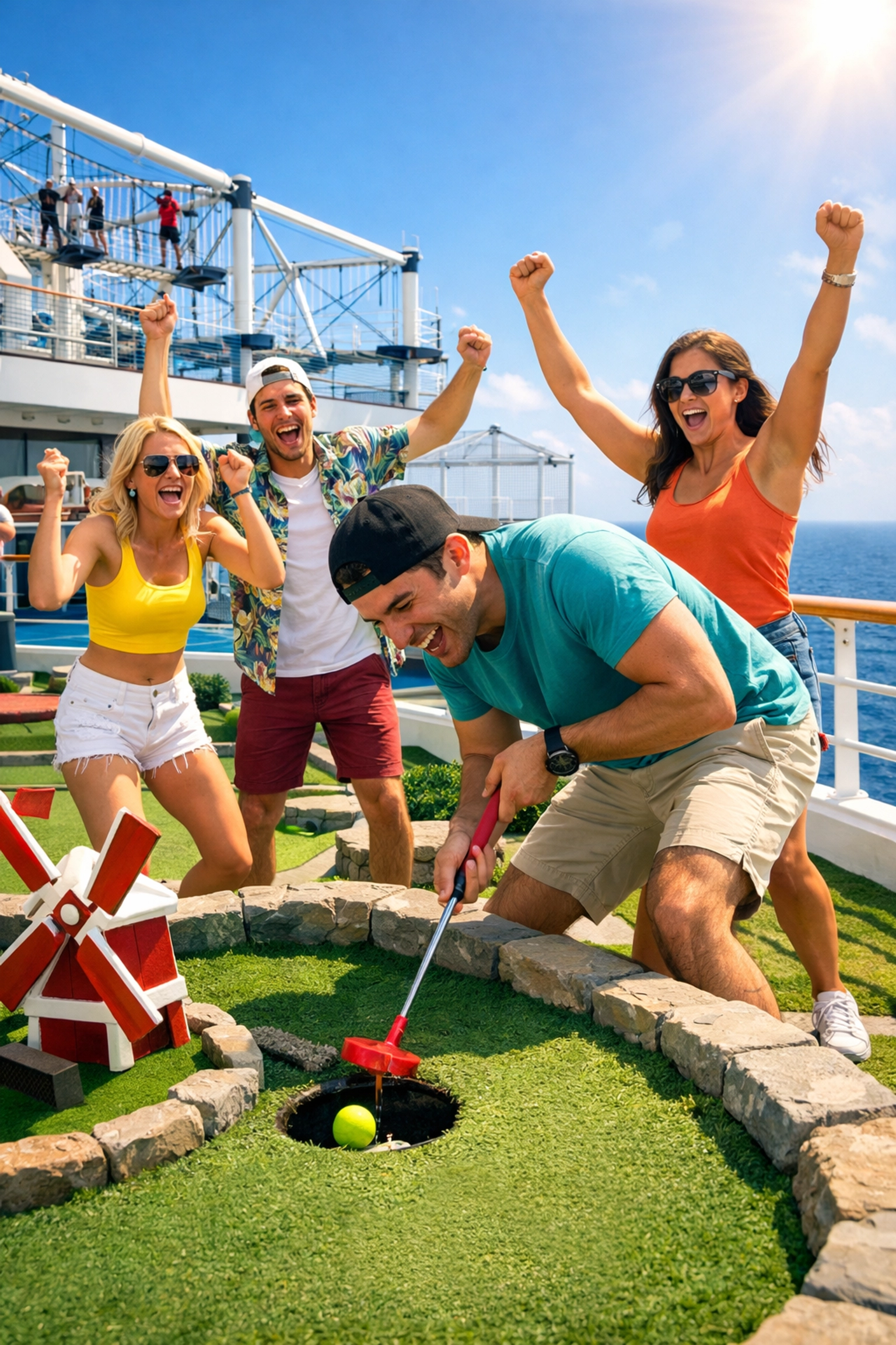 A group of friends playing mini-golf on the Carnival Firenze top deck during a group cruise vacation.