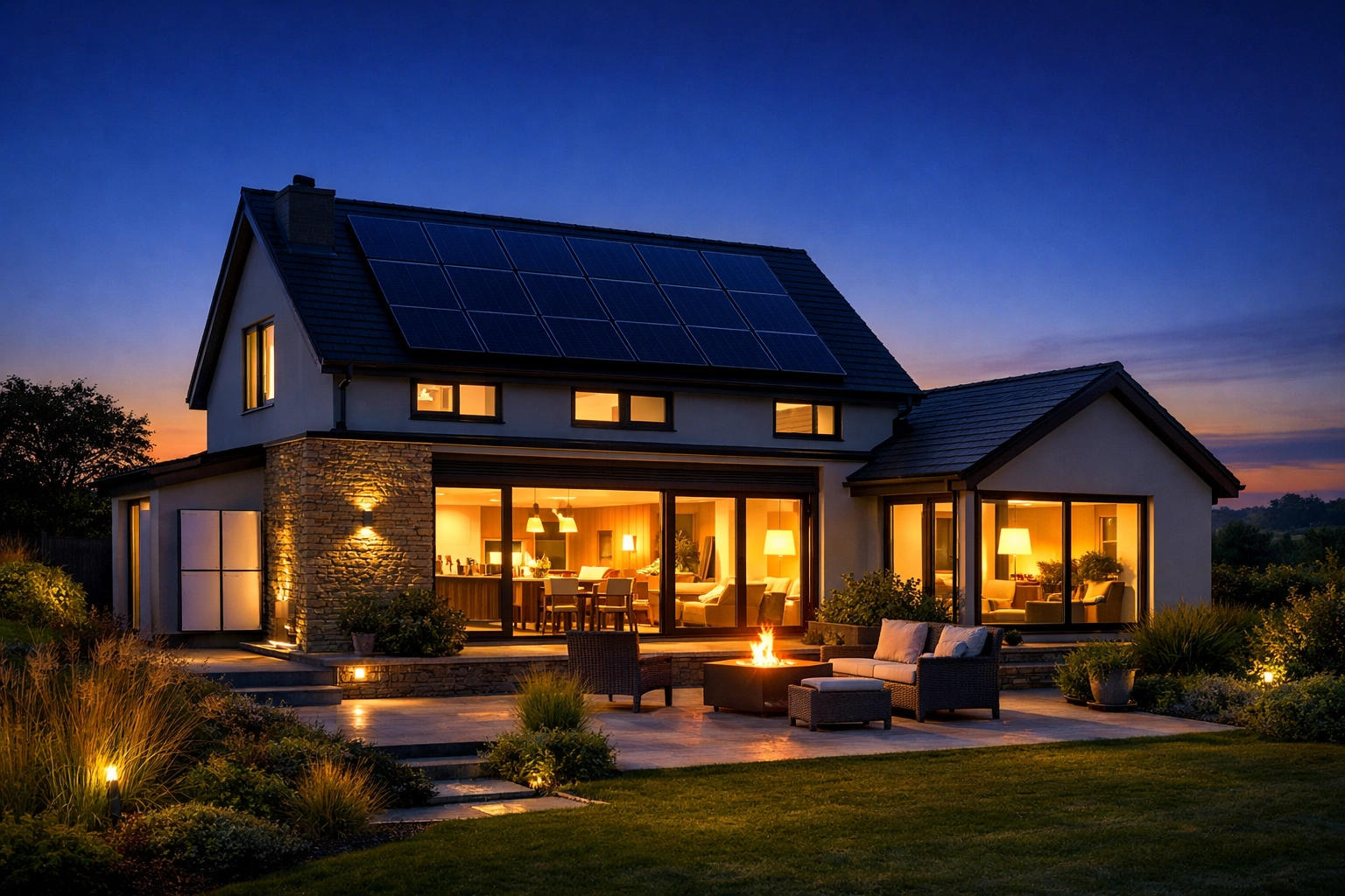 Warmly lit Dorset home at twilight powered by solar battery storage for energy security.