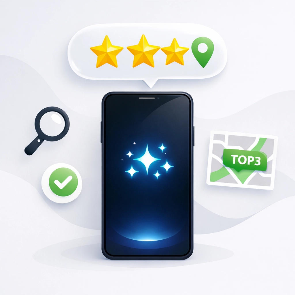 AI alapú helyi keresést és ötcsillagos Google TOP3 ajánlást bemutató modern illusztráció.