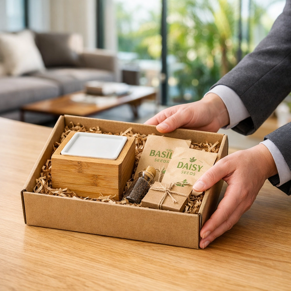 A premium customizable grow kit being placed on a boardroom table as a sustainable branding gift.