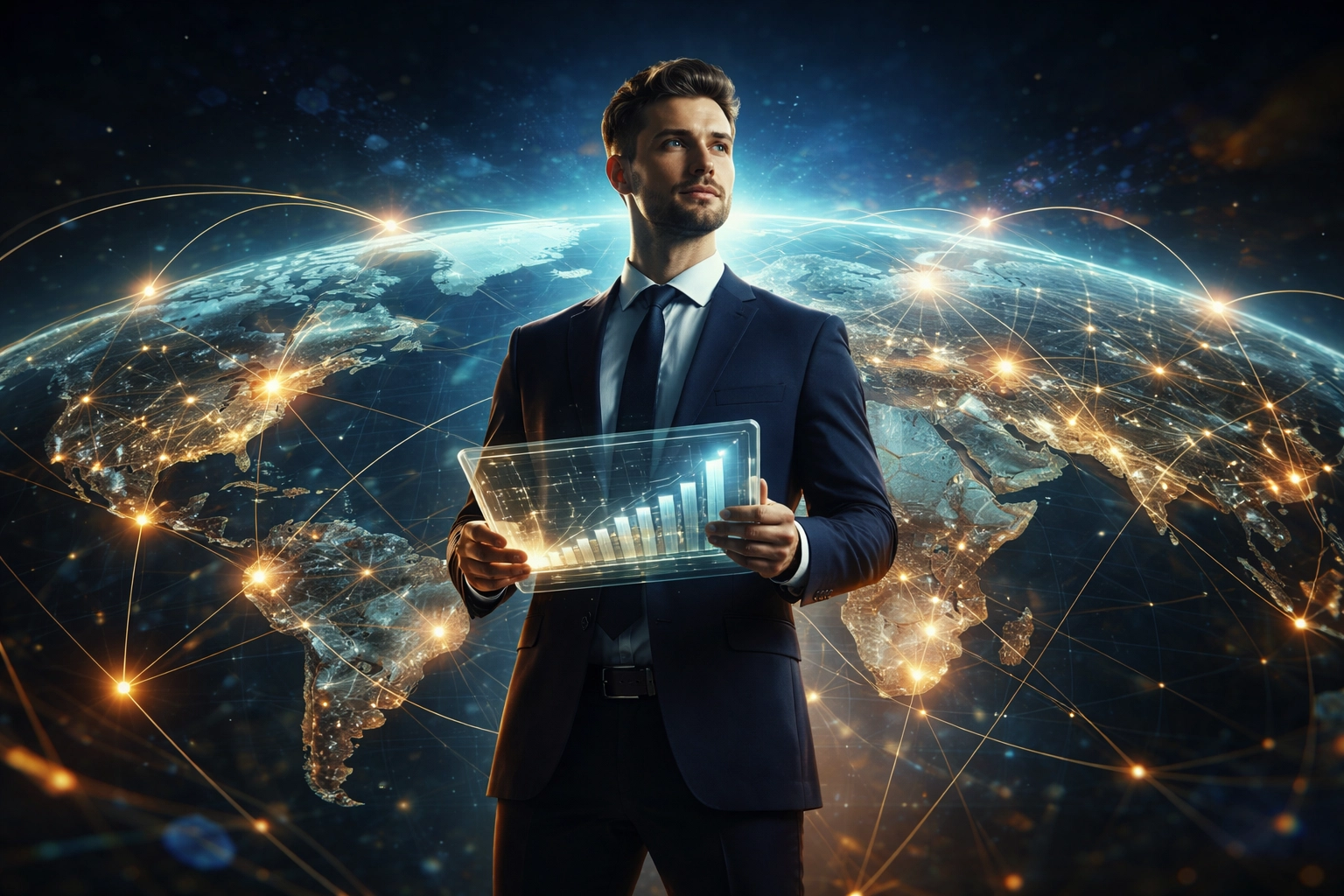 Confident business owner at center of glowing global network, illustrating Larecoin’s instant international crypto payments and merchant growth.