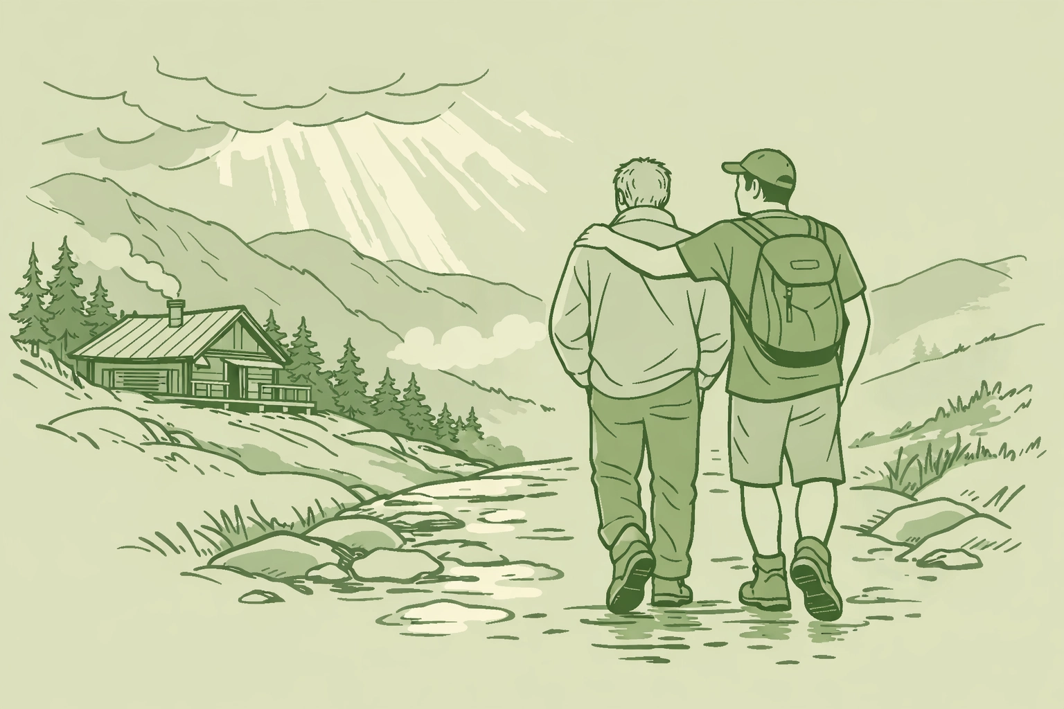 Brothers walking together on mountain trail after storm representing healing in gay fiction narrative