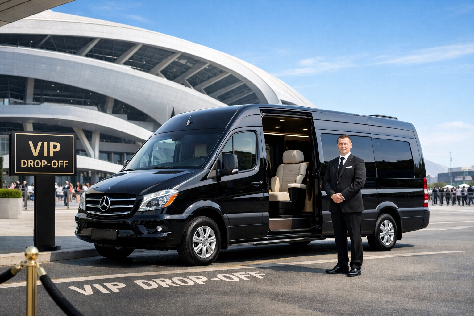 Luxury executive sprinter van at a modern sports stadium for seamless Super Bowl corporate travel.