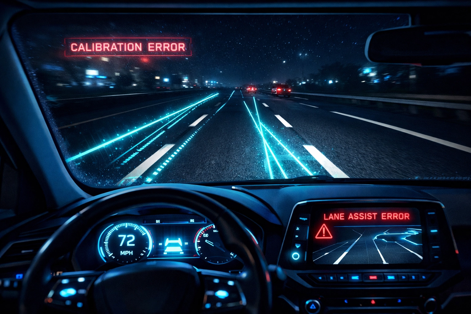 Modern vehicle safety sensors showing lane departure warning errors caused by poor wheel alignment.
