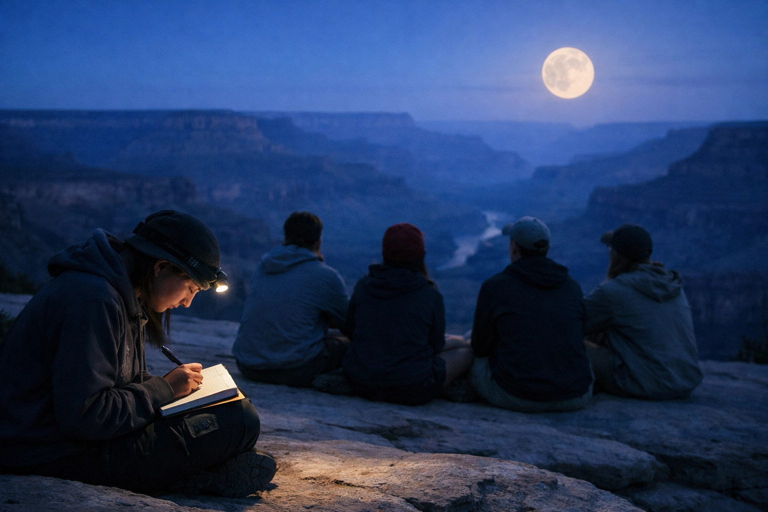 Students reflecting on their conservation service at a Grand Canyon vista during twilight.