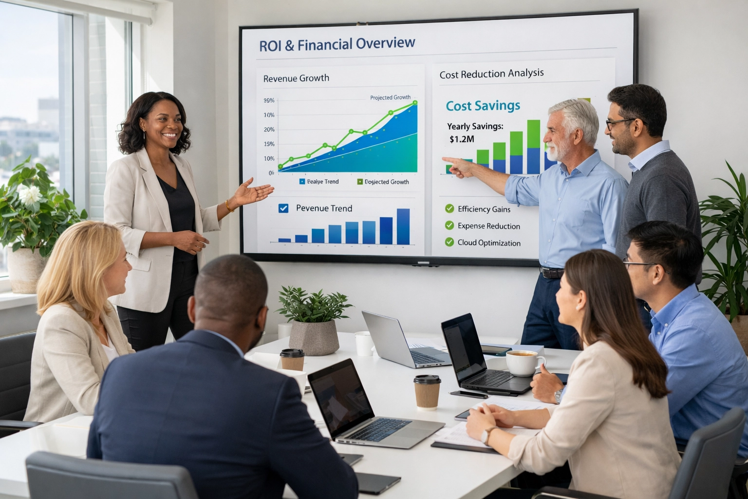 Business leaders reviewing ServiceNow ITOM ROI metrics and autonomous operations cost savings