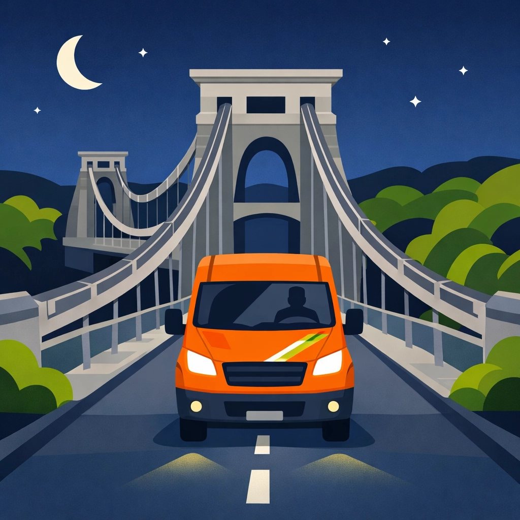 AHLP Locksmiths service van crossing the Clifton Suspension Bridge in Bristol.