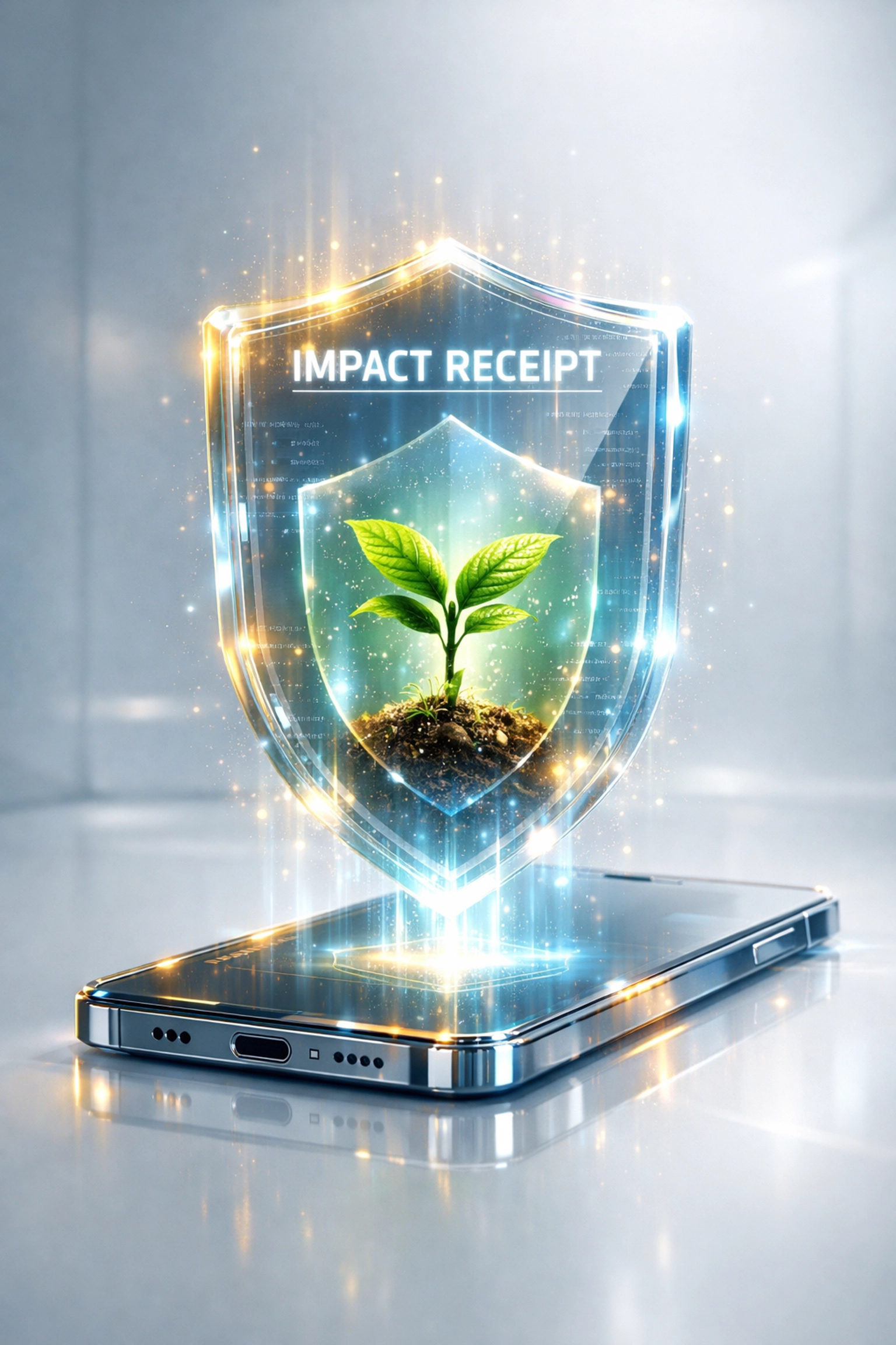 A digital impact receipt for social causes verified on the Larecoin blockchain displayed on a futuristic smartphone.