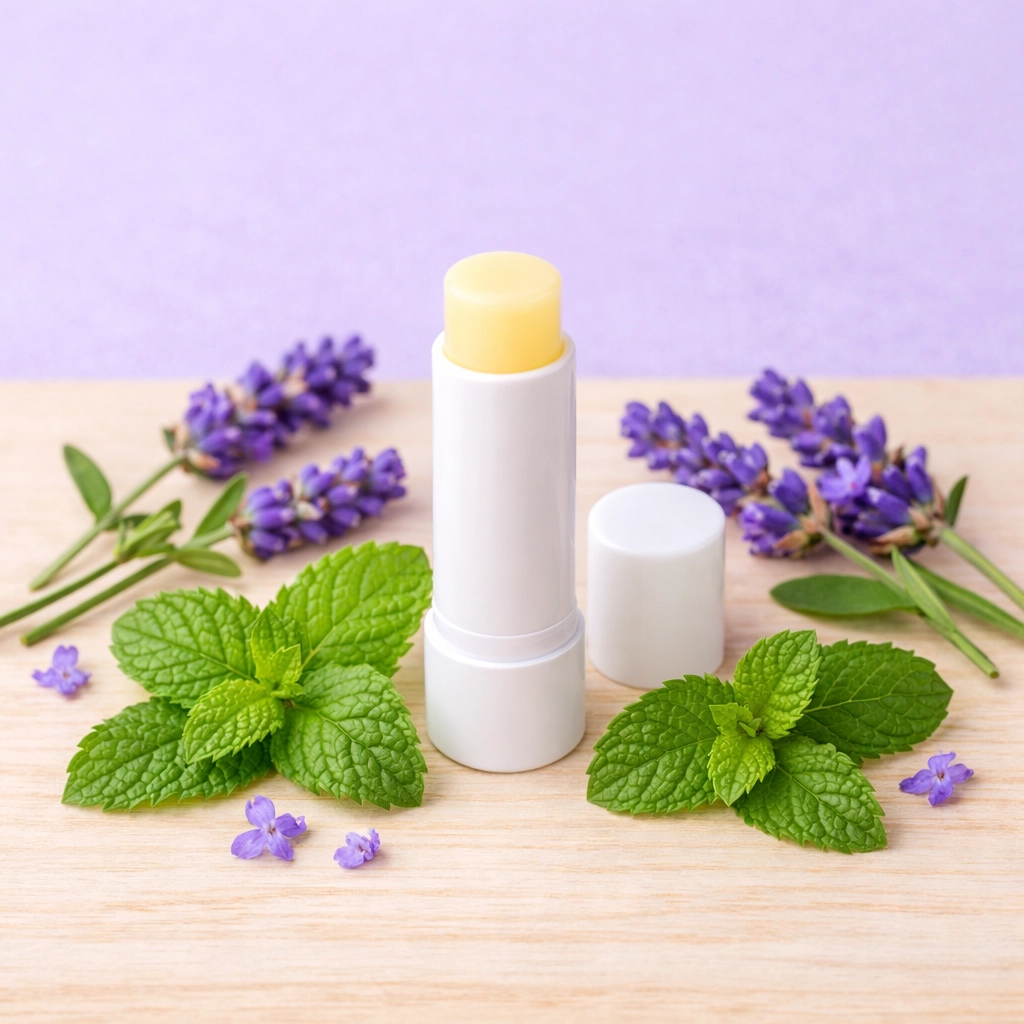 Lavender peppermint lip balm tube surrounded by fresh herbs, highlighting natural botanical ingredients.