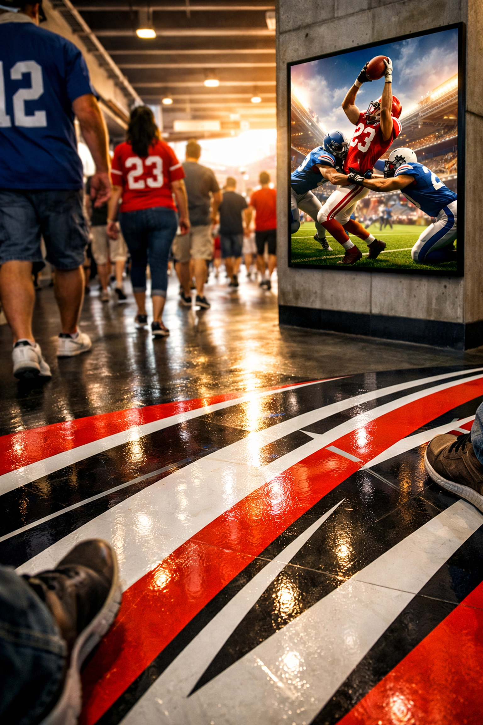 Fans walking over durable branded floor graphics in a modern sports stadium concourse.