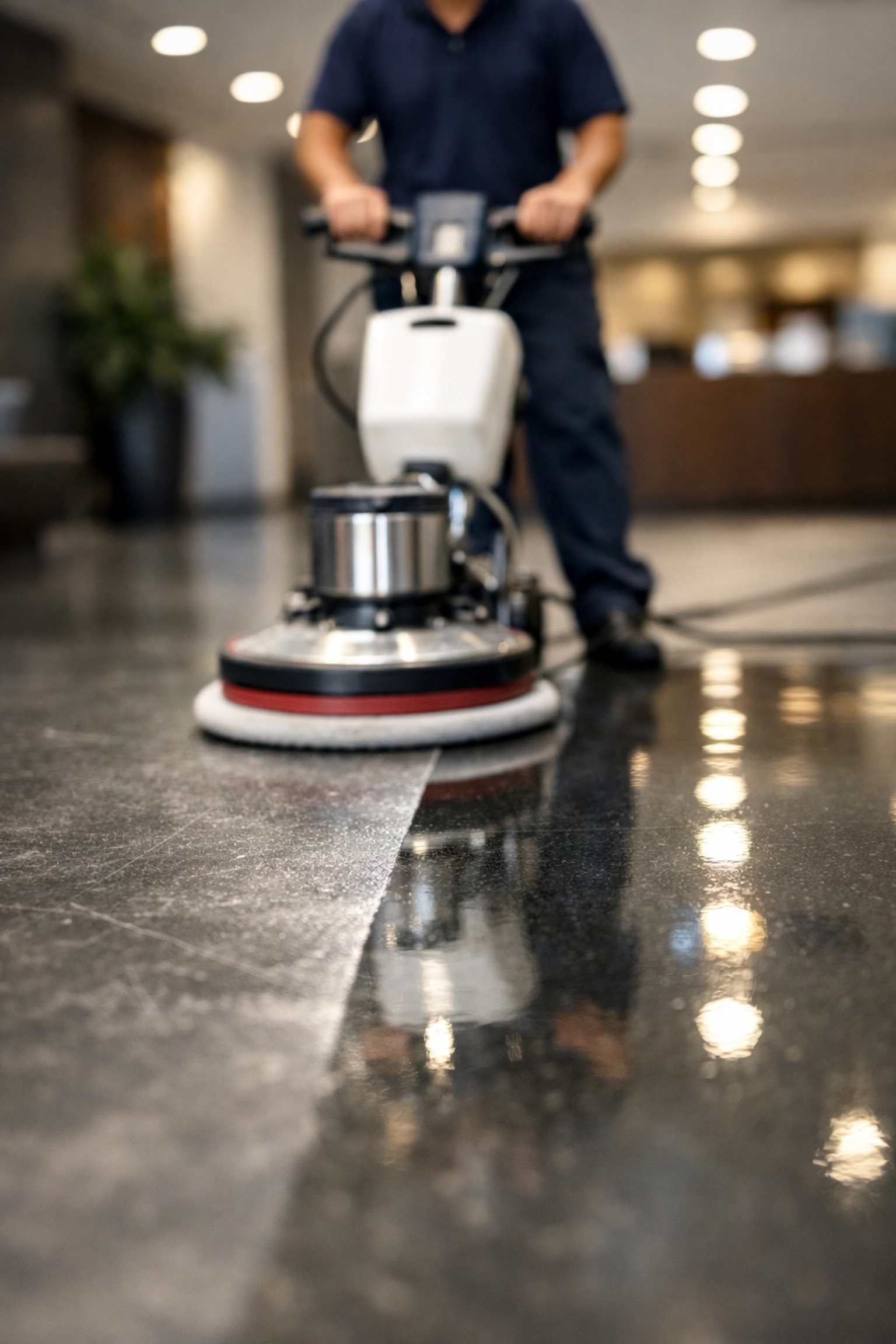 A commercial cleaner polishing a floor to a high shine, illustrating website visual hierarchy and call to action.