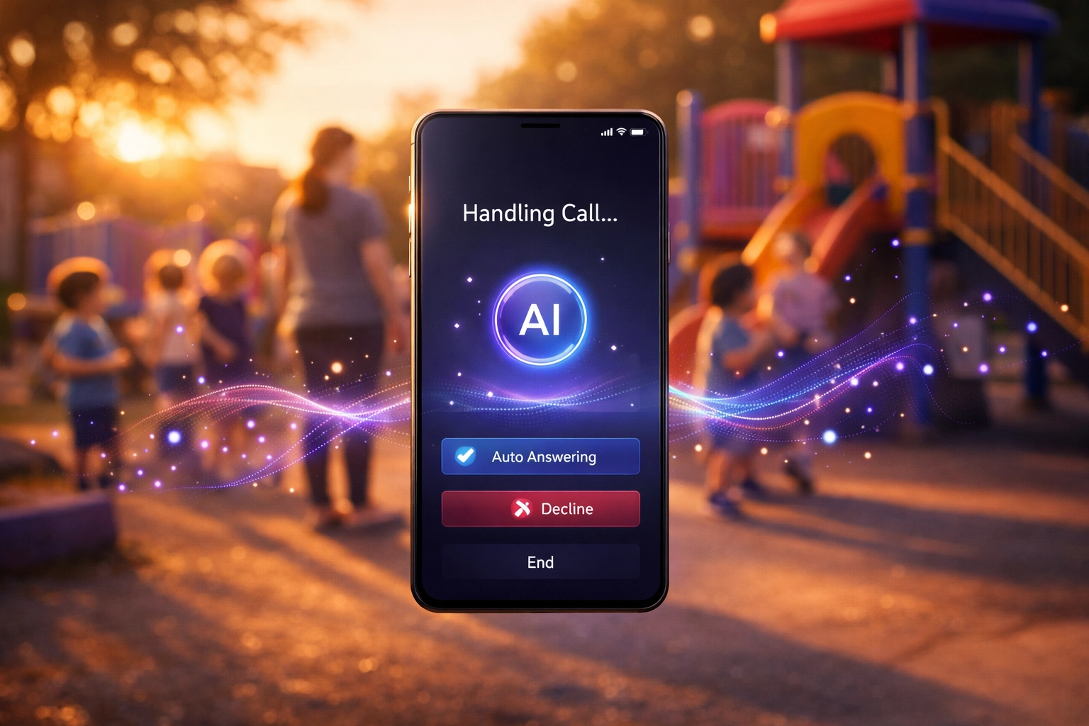 AI receptionist answering phone call automatically while daycare children play outside