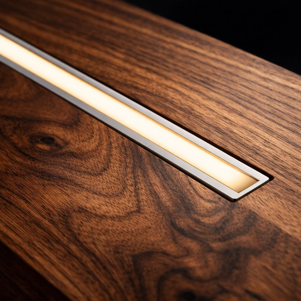 Recessed aluminum LED profile in walnut cabinetry with warm 3000K light.