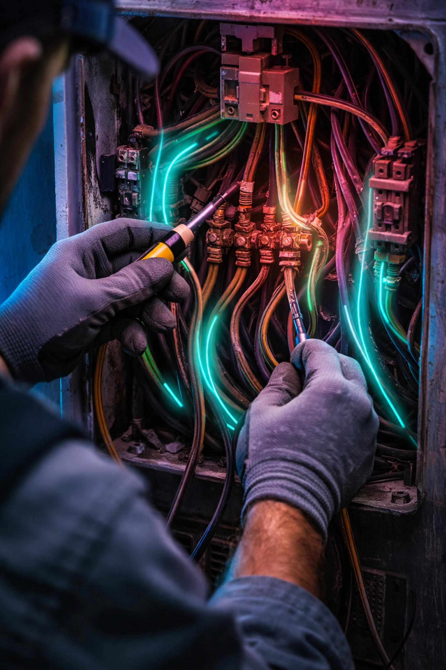 Electrician inspecting old wiring in a breaker panel, emphasizing the need for professional electrical system upgrades