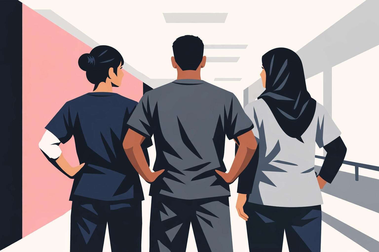 Diverse nursing team demonstrating unity and leadership in long-term care facility