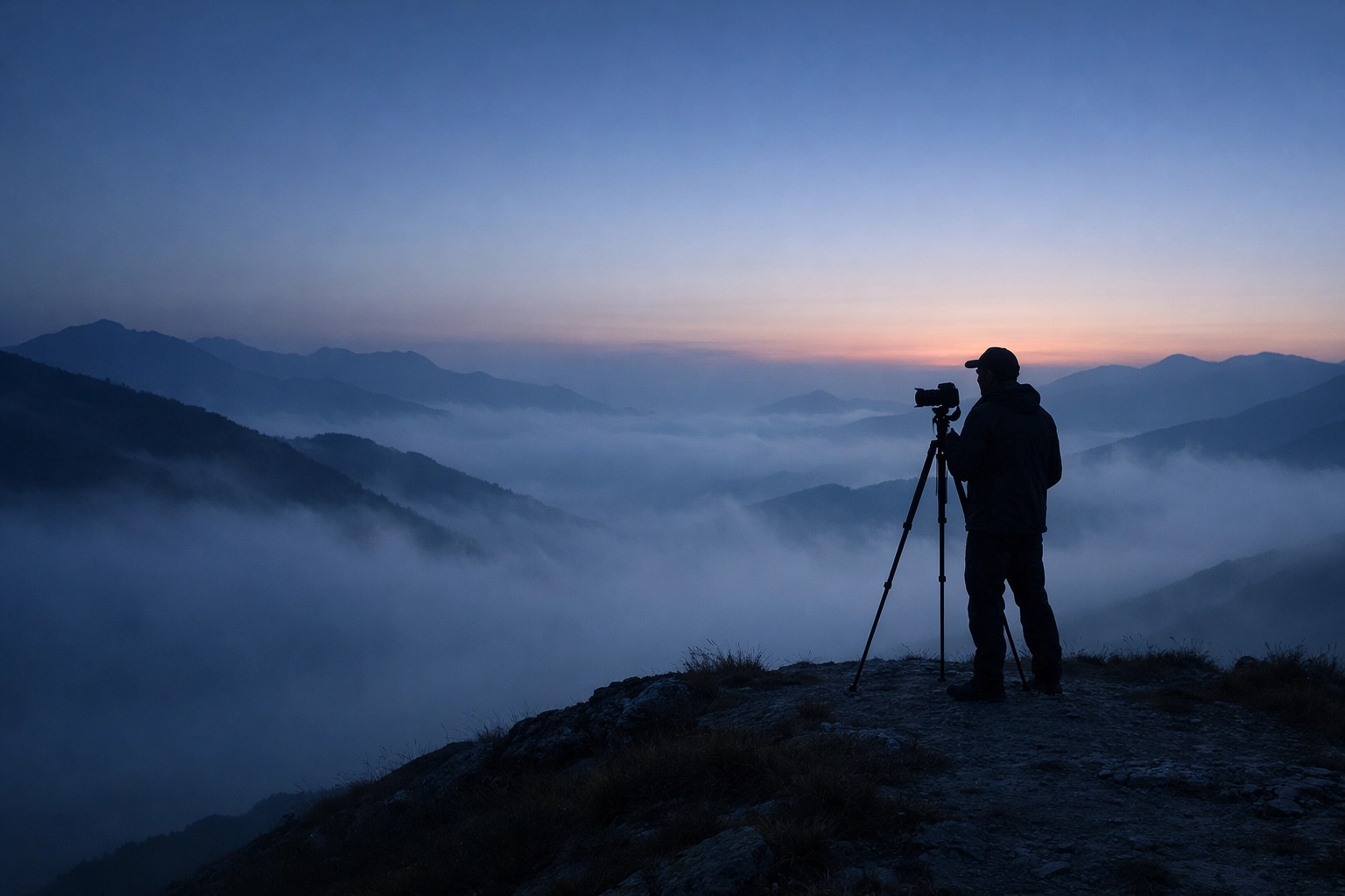 Photographer on a misty ridge illustrating intentional photography tutorials and news trends for 2026.