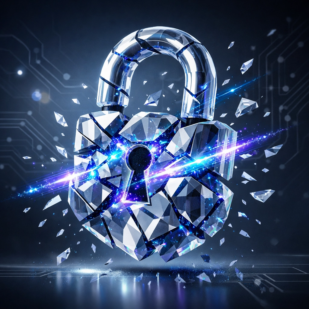 Quantum computing breaking RSA encryption security represented by shattering digital padlock