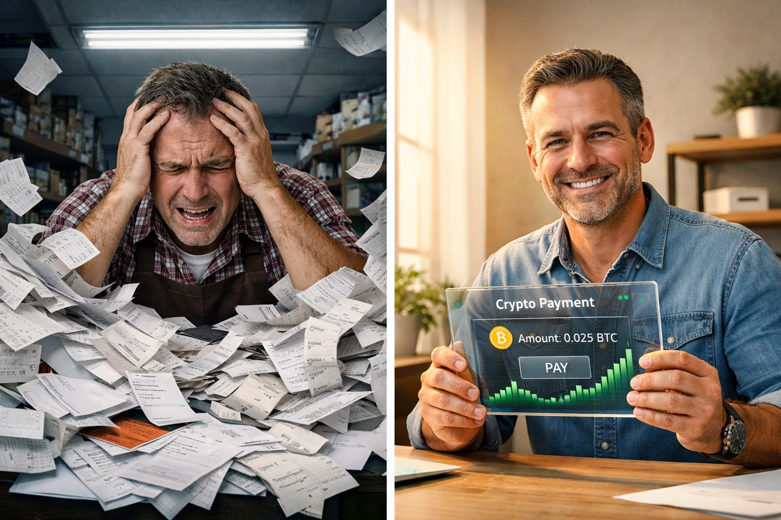 Merchant comparing traditional payment processing stress versus streamlined crypto payment acceptance
