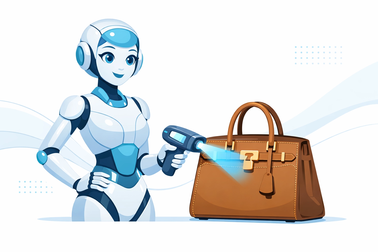 Daisy AI scanning luxury handbag stitching to detect counterfeit items for pawn shop owners.