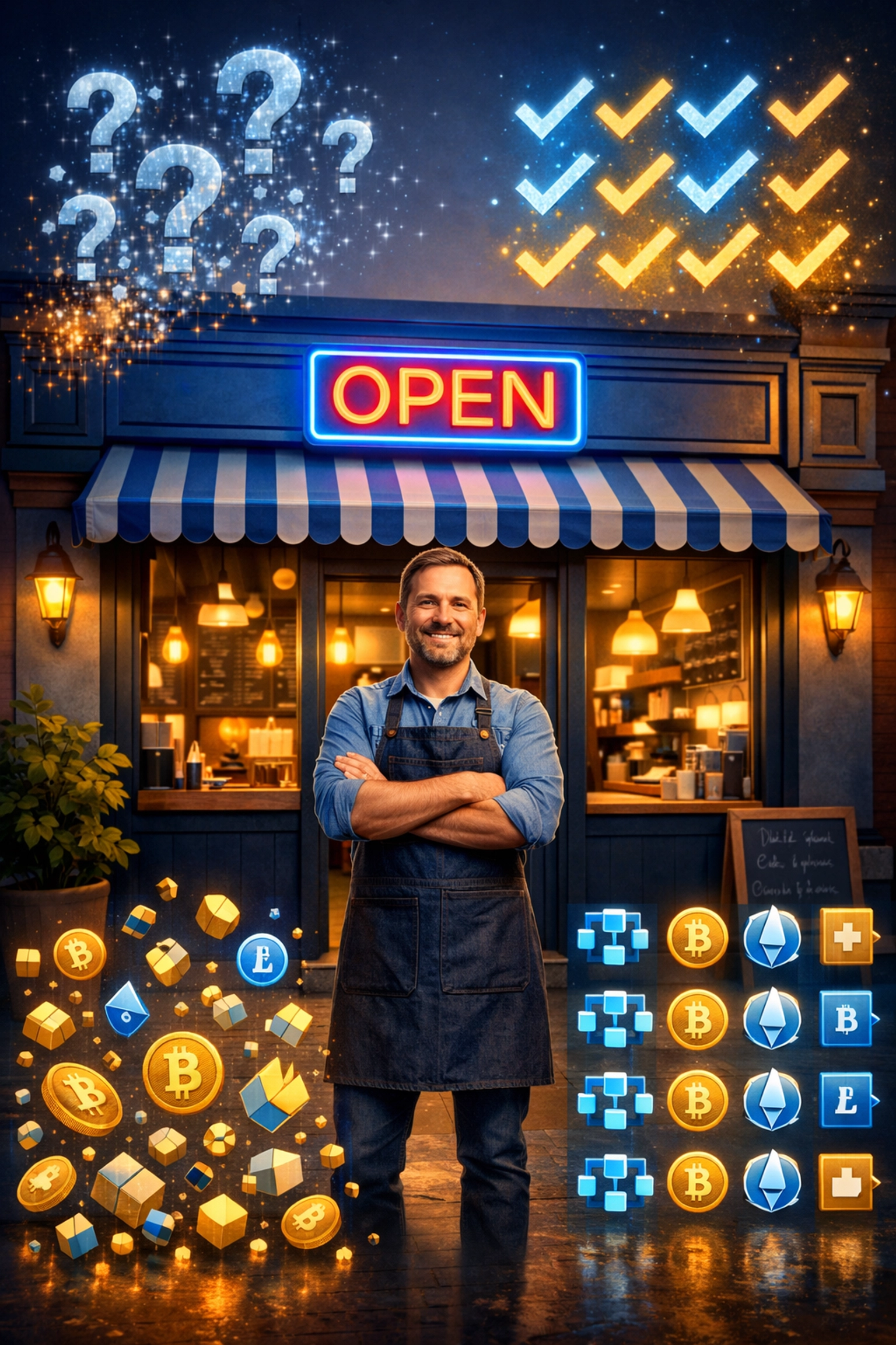 Small business owner accepting crypto payments with confidence after CLARITY Act