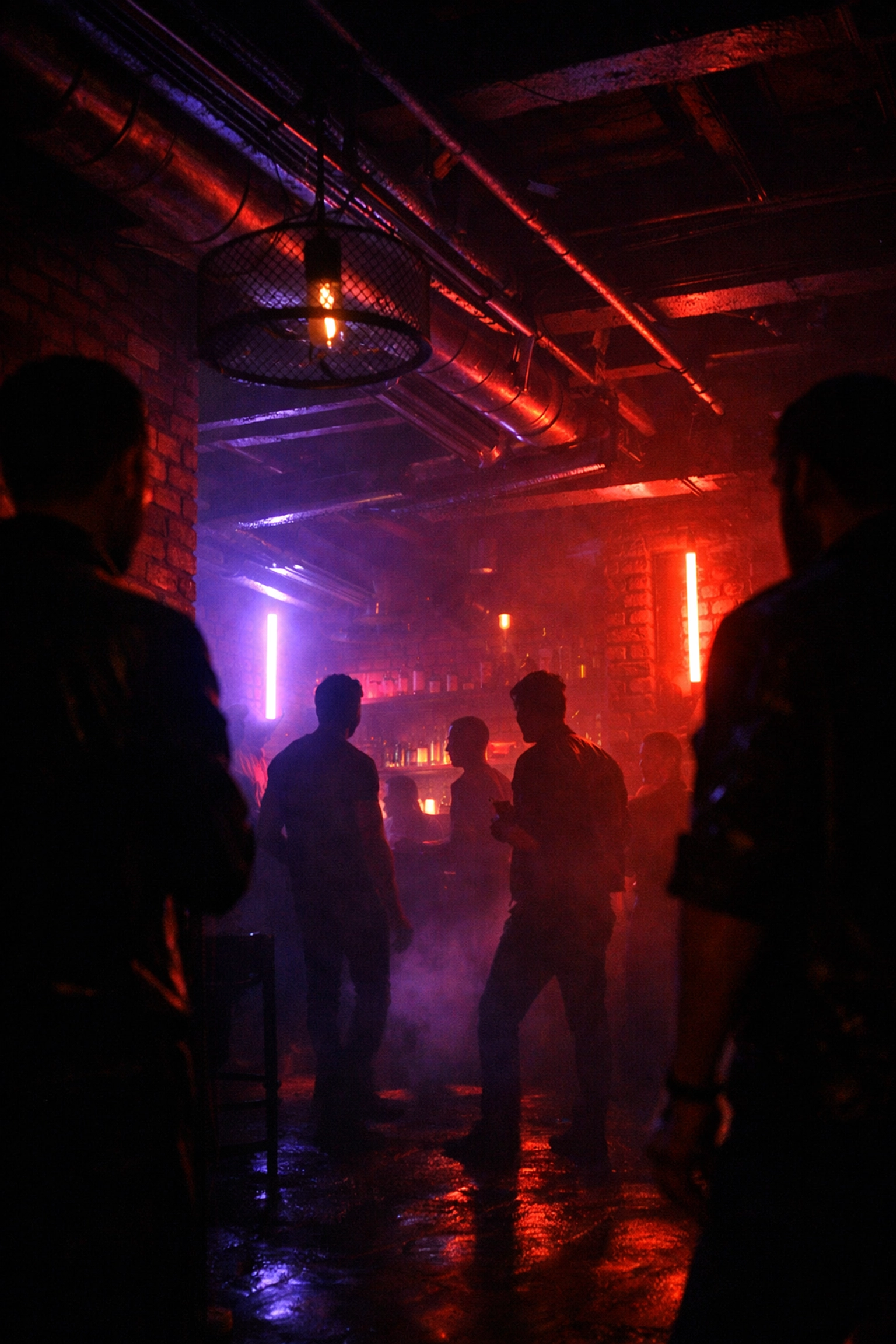 Underground gay cruising bar interior with red neon lights and shadowy atmosphere at midnight