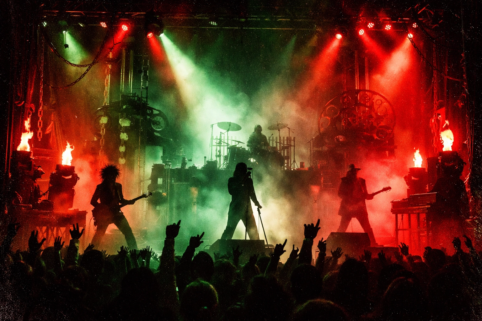 Rob Zombie and Marilyn Manson industrial rock concert with eerie lighting and theatrical stage design